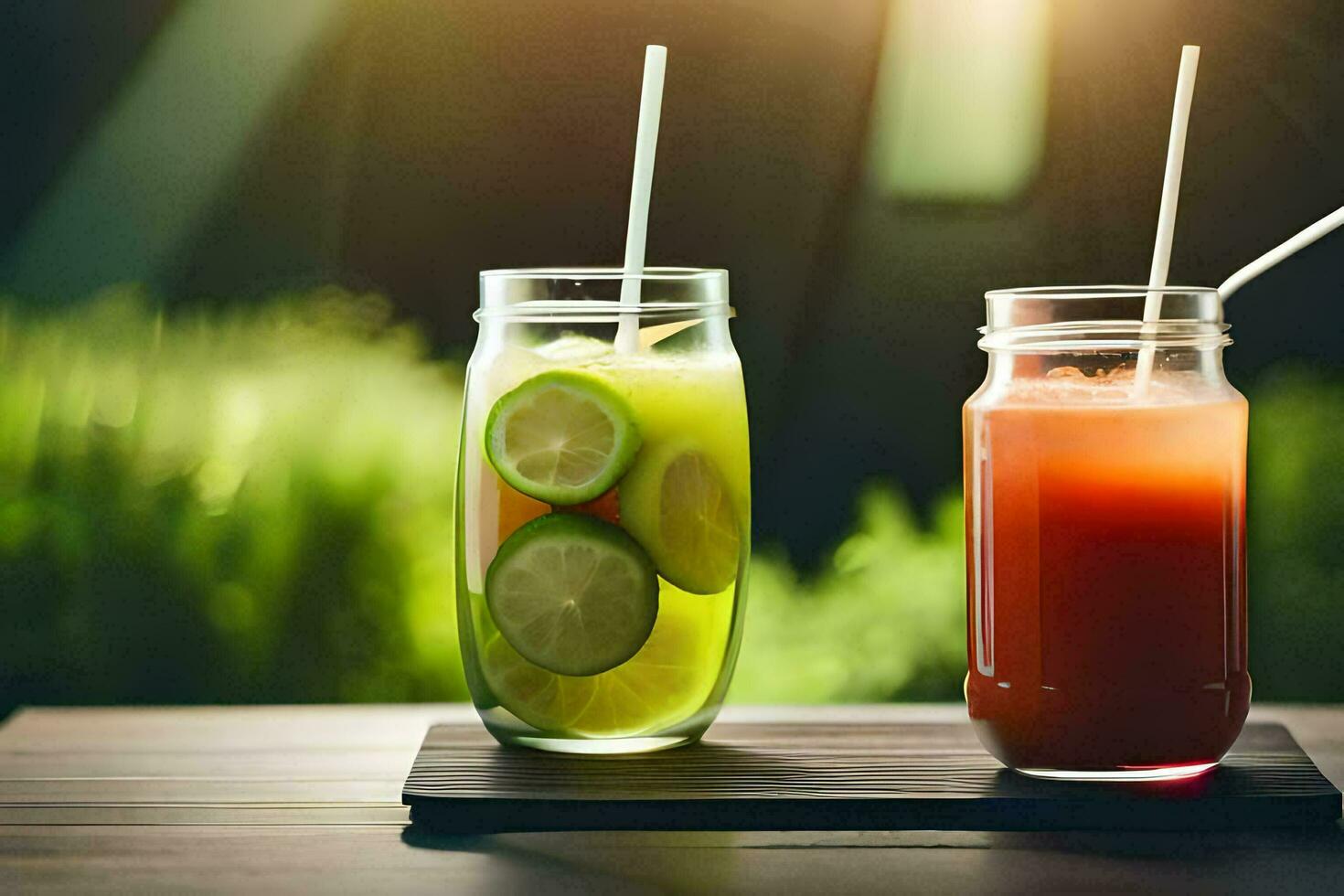 dos masón frascos con bebidas en un de madera mesa. generado por ai foto