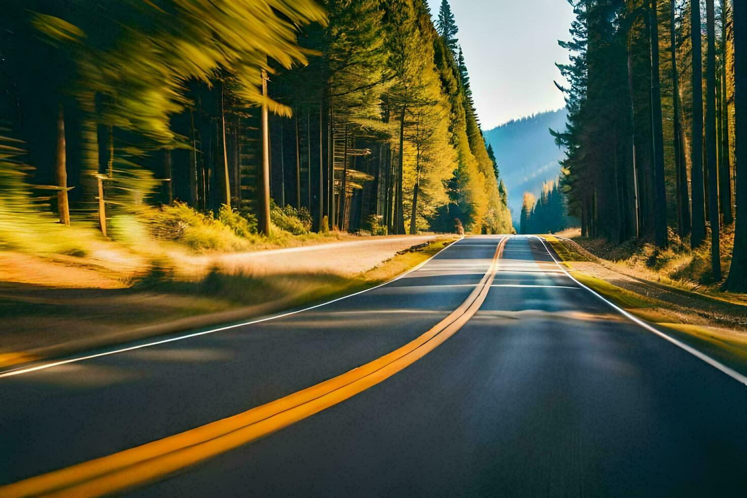 a road in the woods with trees and a yellow line. AI-Generated photo