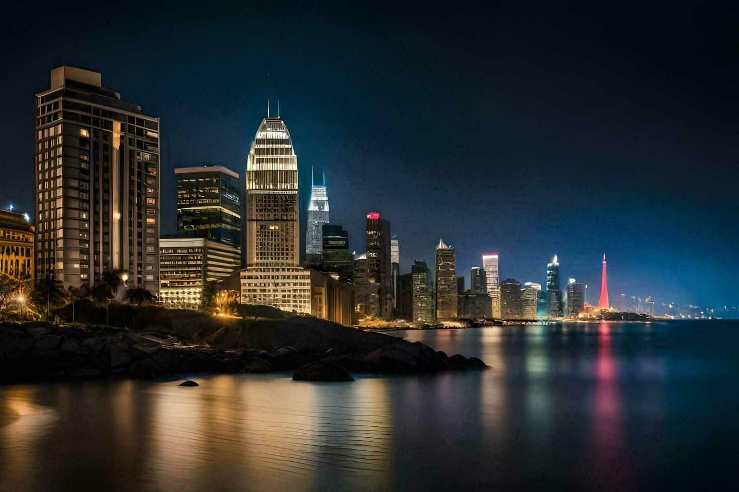 the skyline of chicago at night. AI-Generated photo