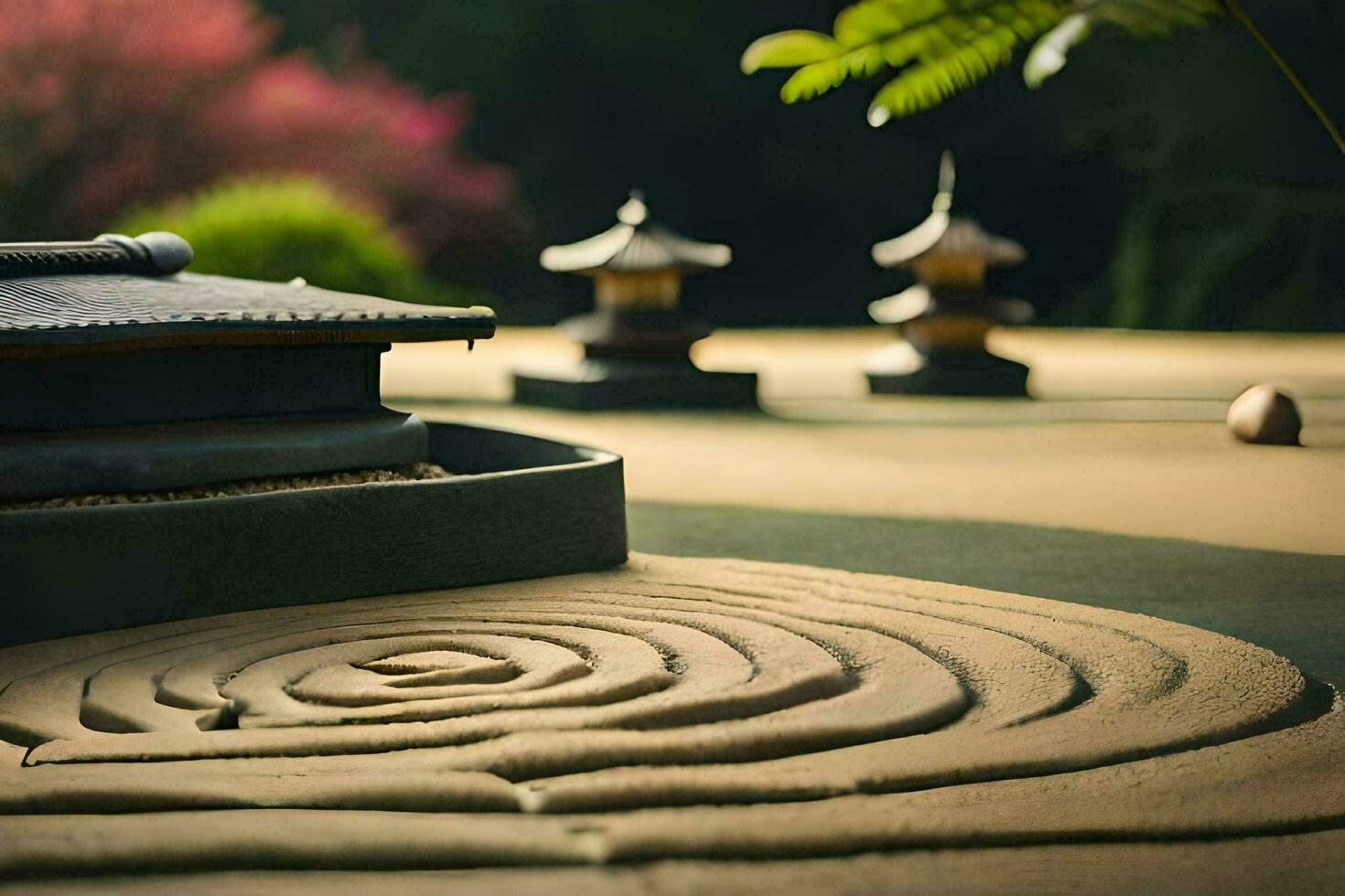 a japanese garden with a spiral path. AI-Generated photo