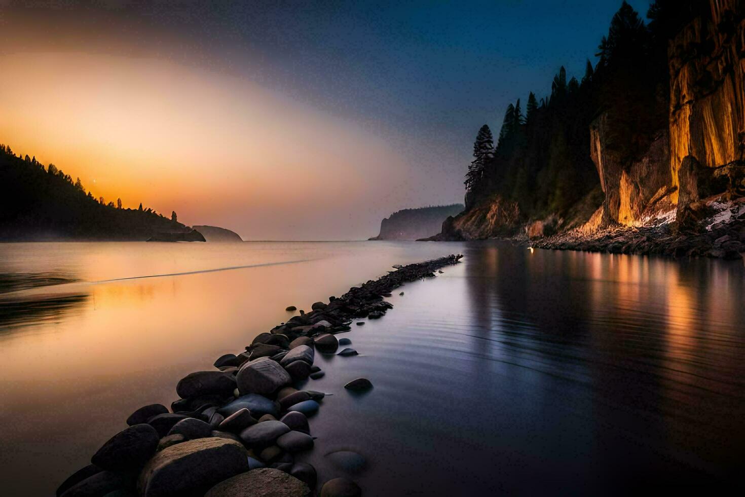 a long exposure photograph of a rocky shoreline at sunset. AI-Generated photo
