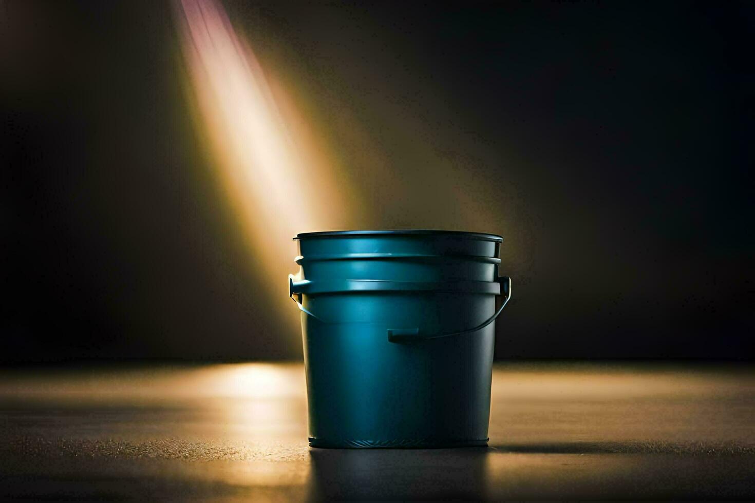 a green bucket sitting on a table in front of a spotlight. AI-Generated photo