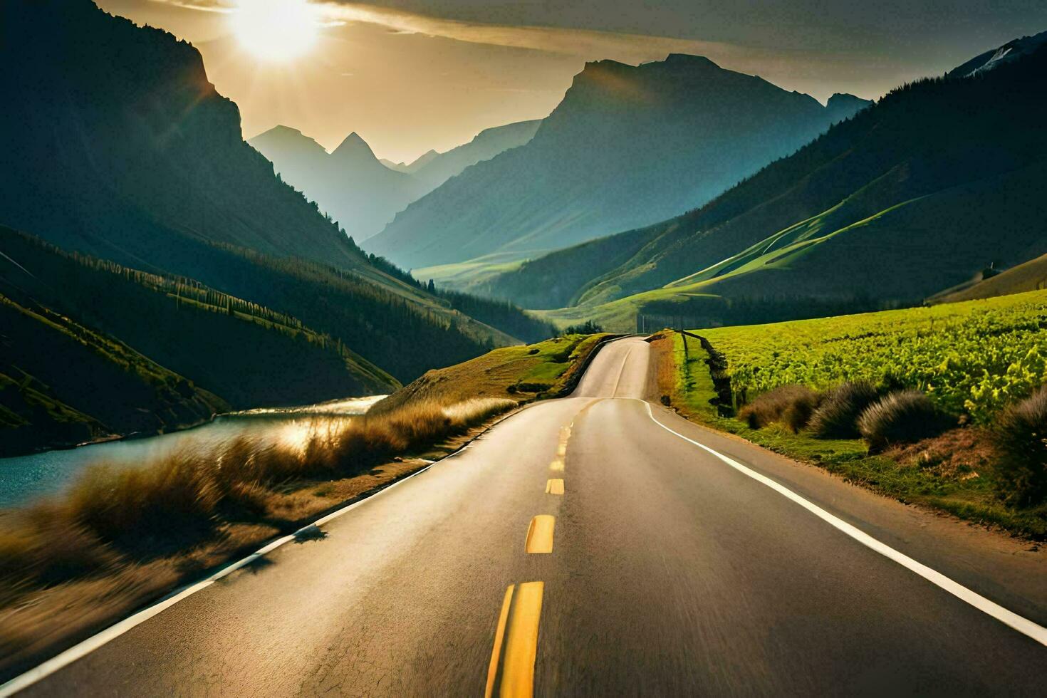 a road in the mountains with a sun shining. AI-Generated photo