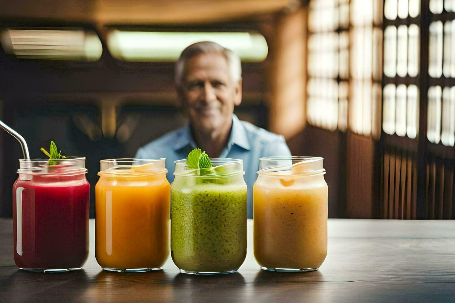 a man sitting in front of four different smoothies. AI-Generated photo