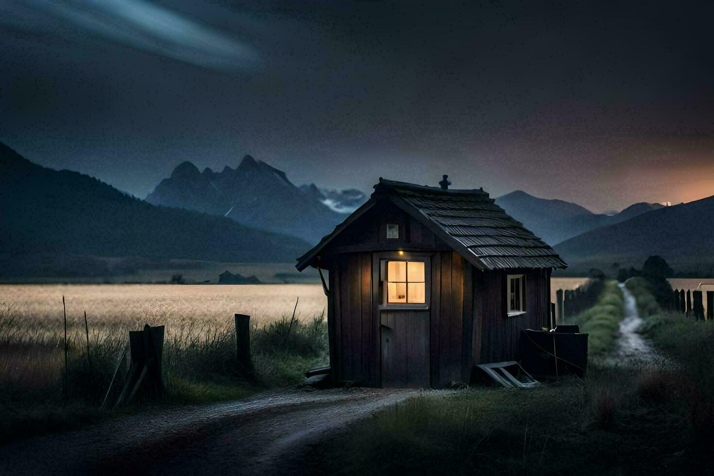 un pequeño cabina en el medio de un campo. generado por ai foto