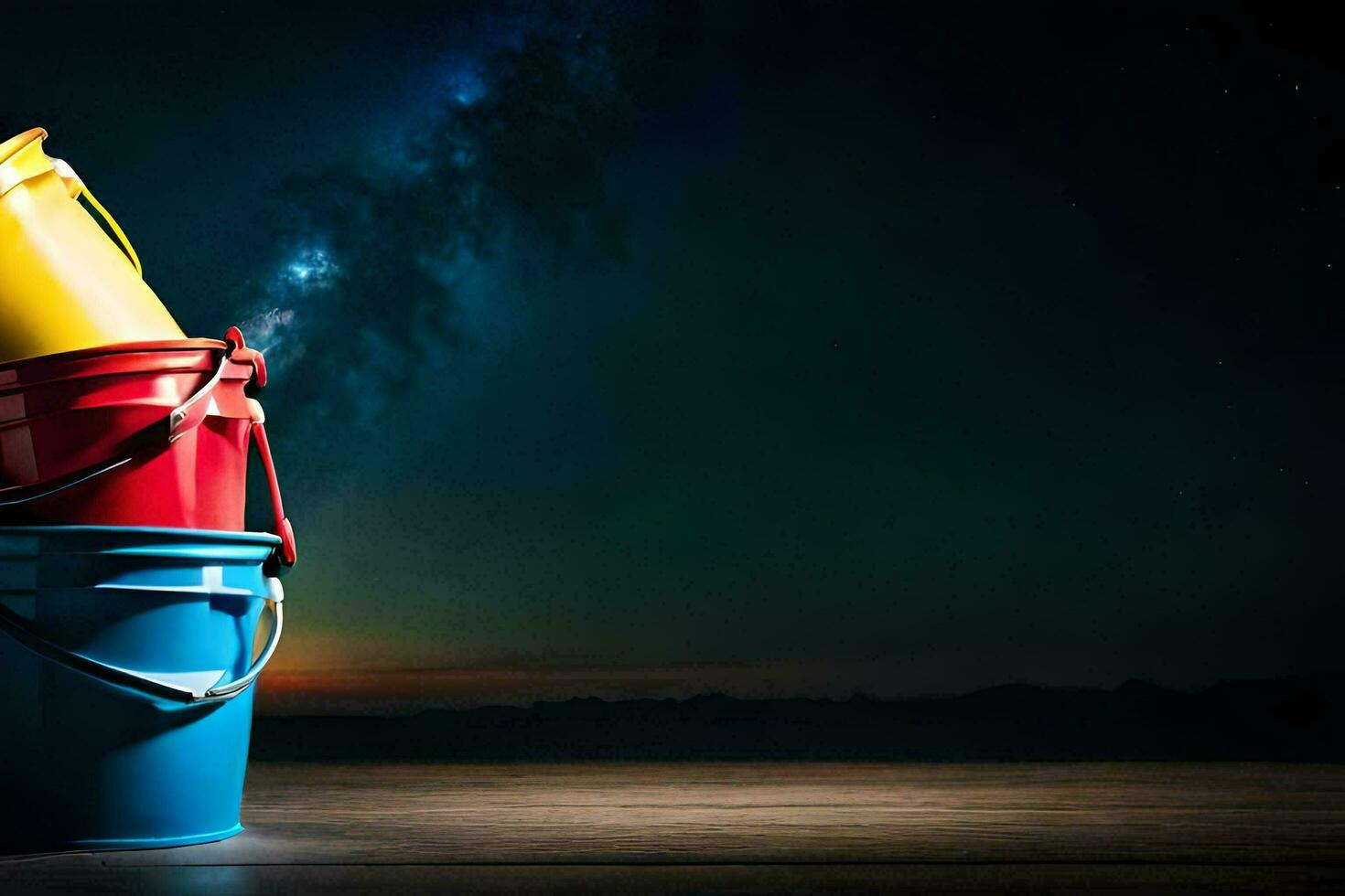 three colorful buckets sitting on a wooden table. AI-Generated photo