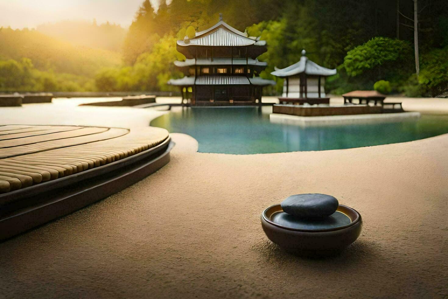 the japanese style pagoda in the background. AI-Generated photo