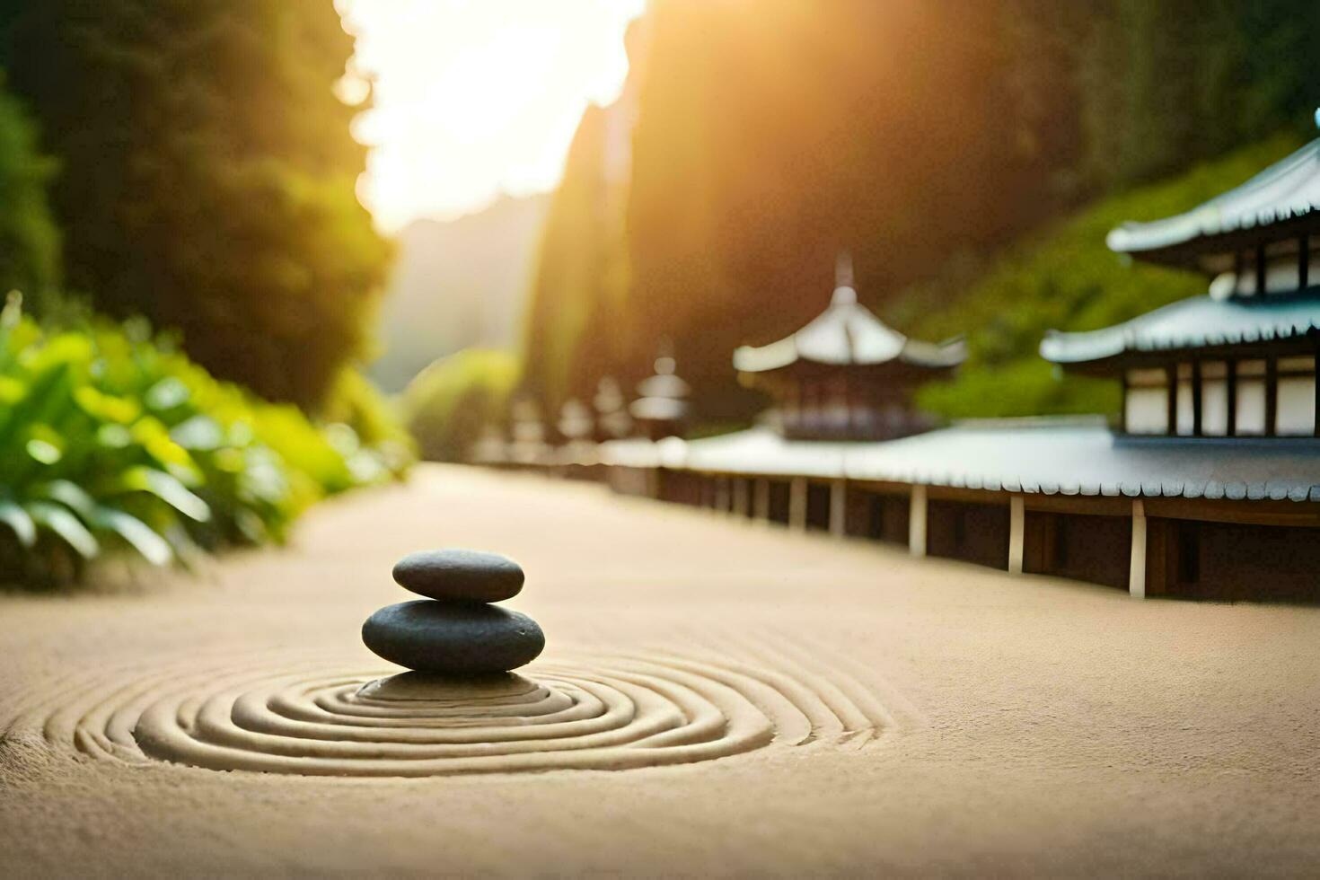 zen garden with stones in the middle of a path. AI-Generated photo