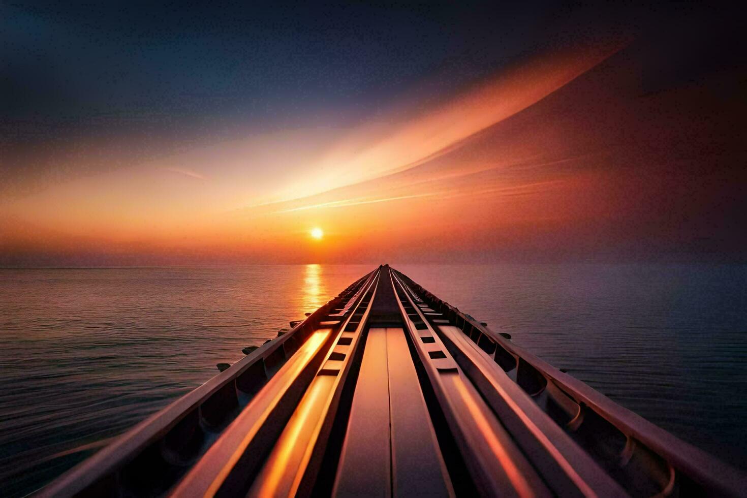 a train track leading to the ocean at sunset. AI-Generated photo