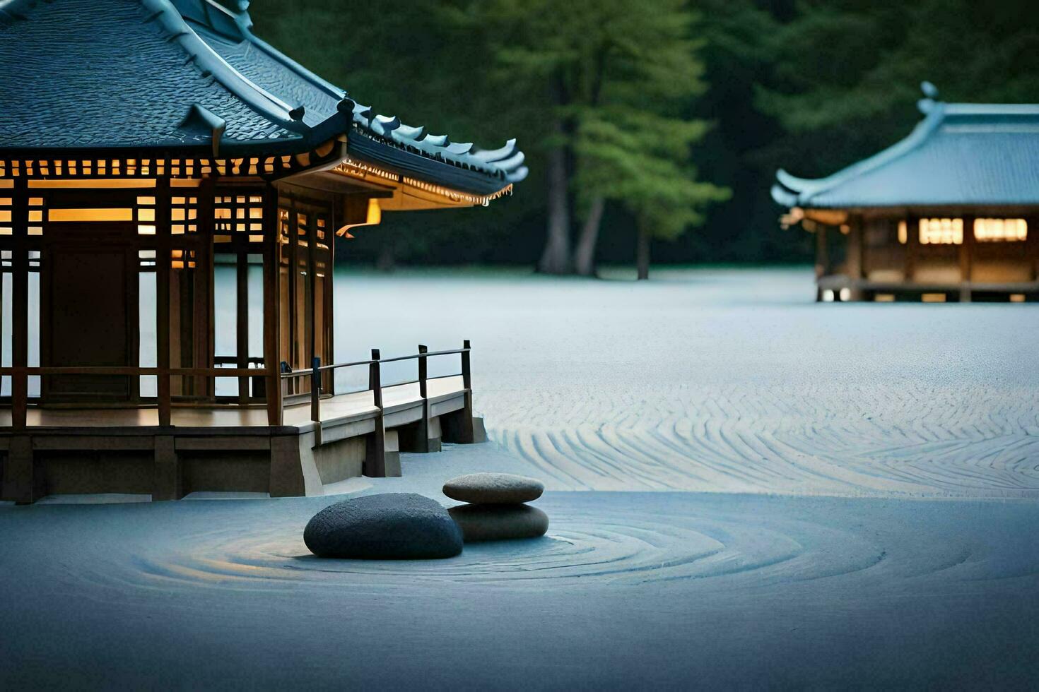 a japanese pavilion sits in the sand with rocks and a stone. AI-Generated photo