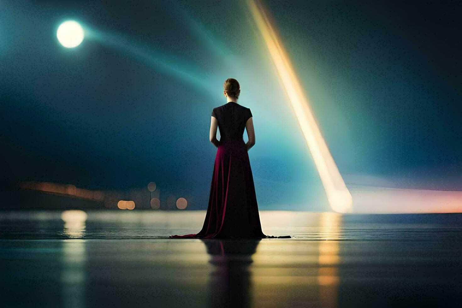 a woman in a long dress stands on a beach at night. AI-Generated photo