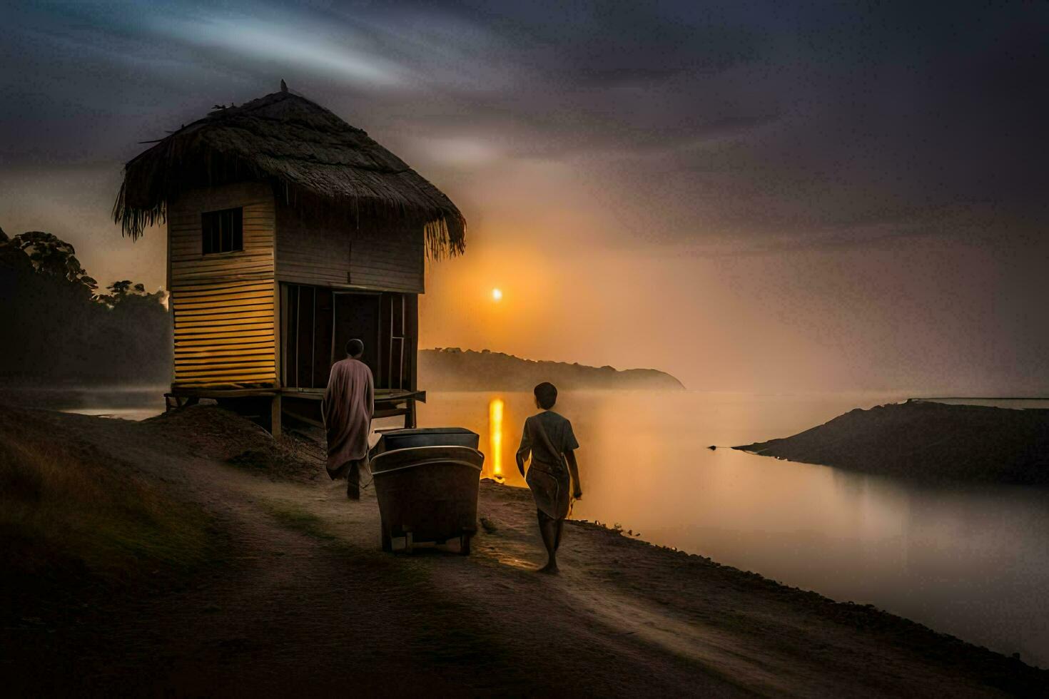 two people walk past a hut on the side of a lake. AI-Generated photo