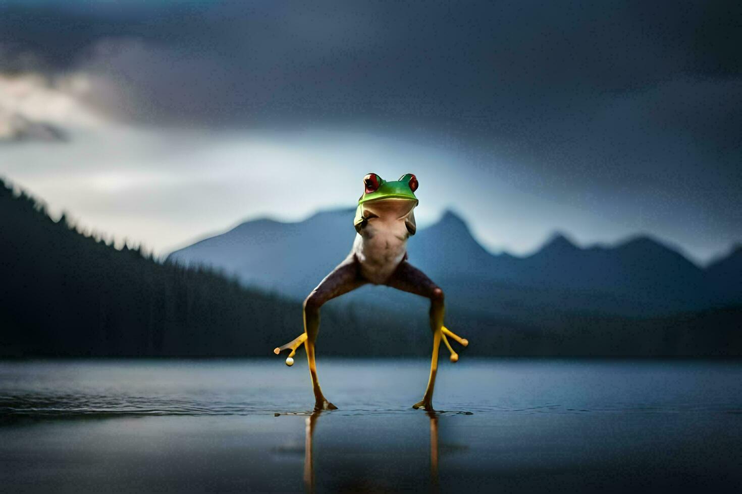 a frog standing on its hind legs in the water. AI-Generated photo
