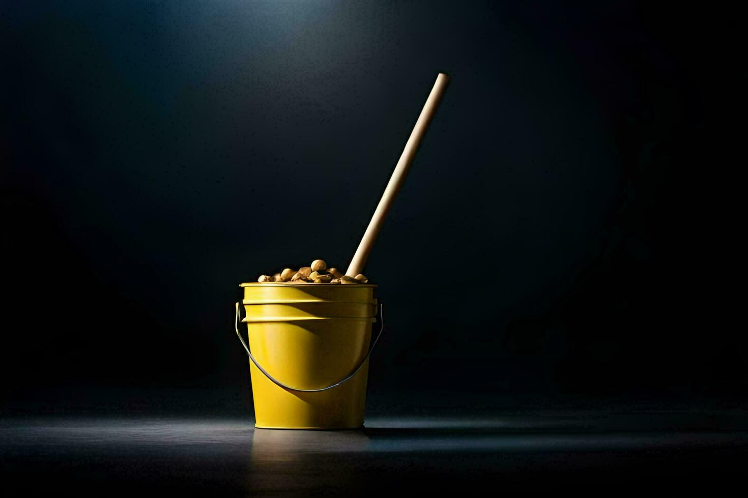 a bucket filled with peanuts and a wooden stick. AI-Generated photo