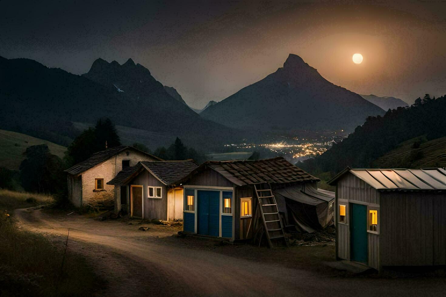 foto fondo de pantalla el cielo, montañas, el luna, el noche, el montañas, el aldea,. generado por ai