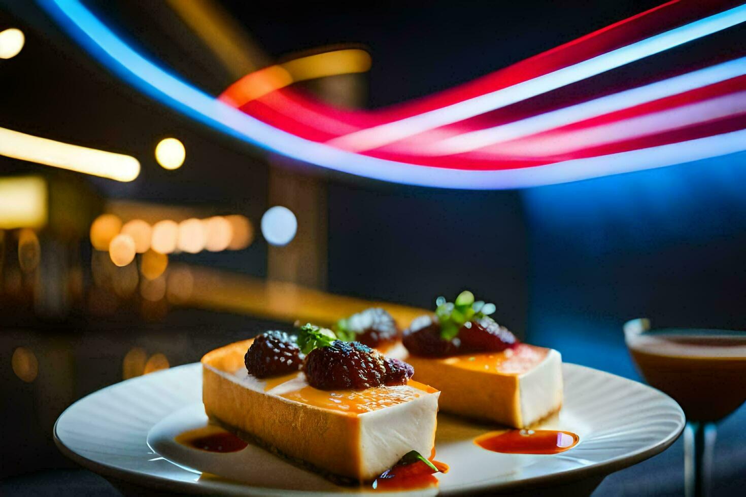 a dessert on a plate with a glass of wine. AI-Generated photo