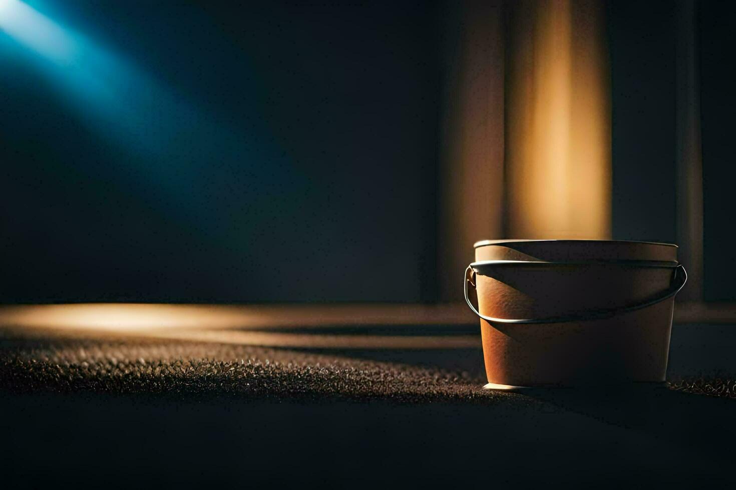 a bucket sitting on a dark floor with a spotlight. AI-Generated photo