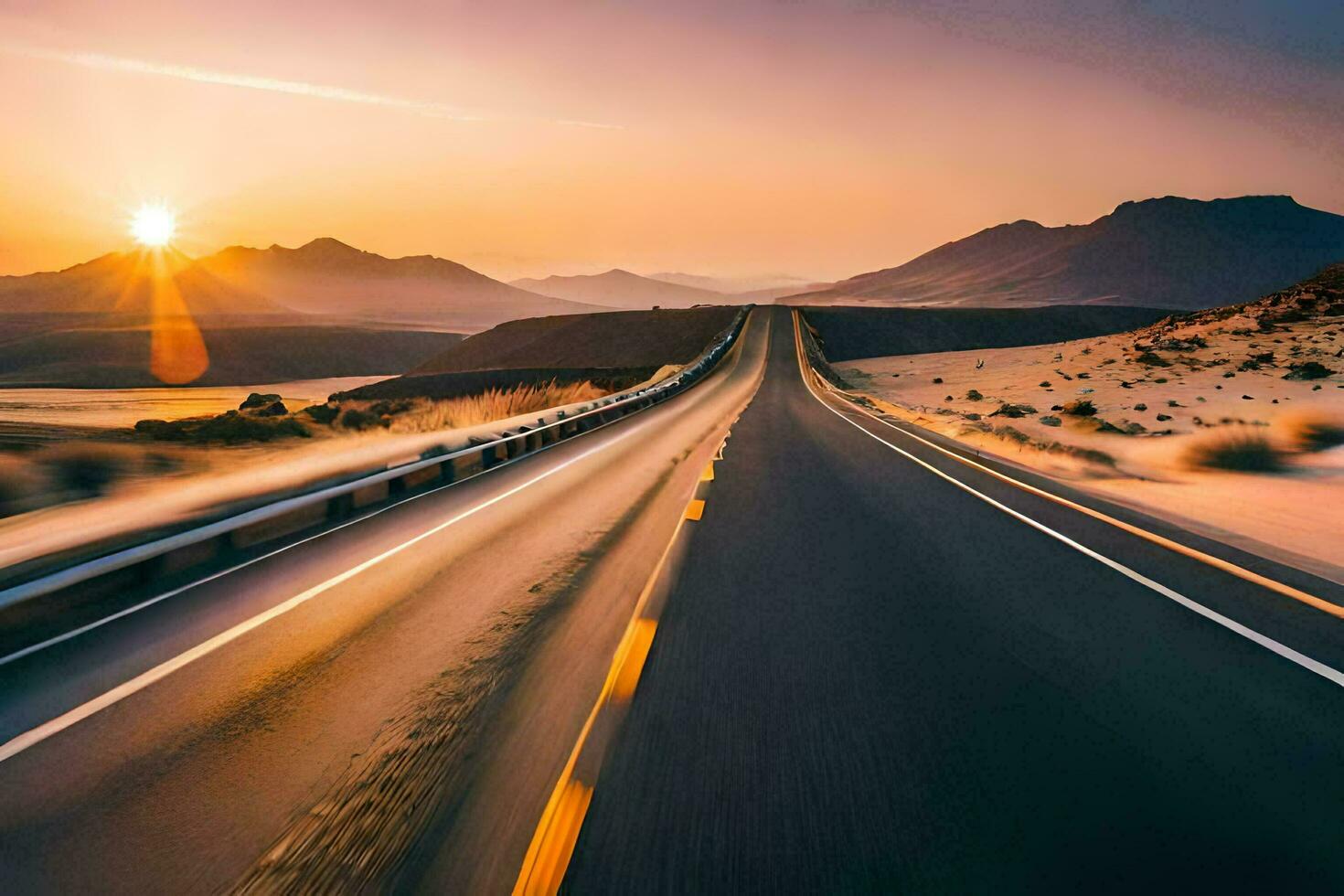 a long stretch of road in the desert at sunset. AI-Generated photo