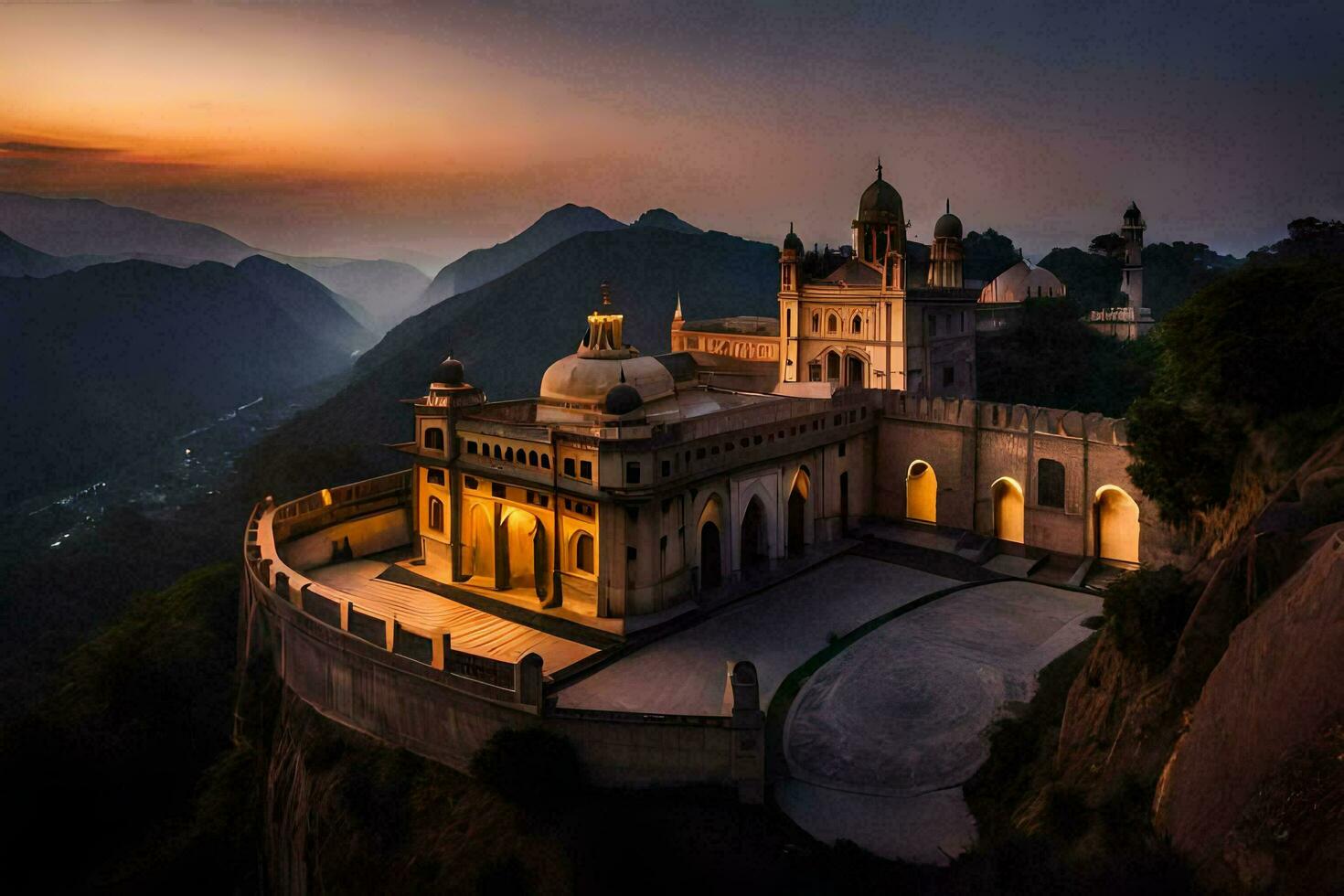 el puesta de sol terminado el castillo en India. generado por ai foto