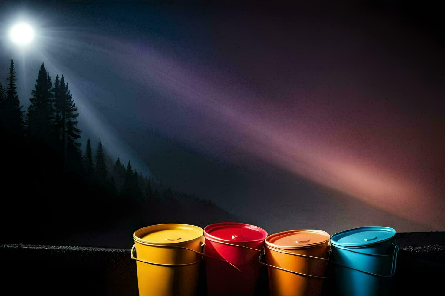 three colorful buckets sit on a ledge in front of a mountain. AI-Generated photo