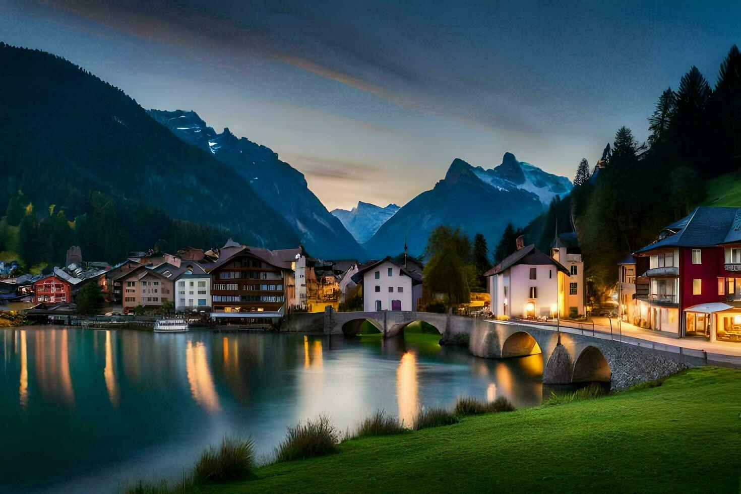 photo wallpaper the sky, mountains, water, houses, bridge, lake, town, alps. AI-Generated