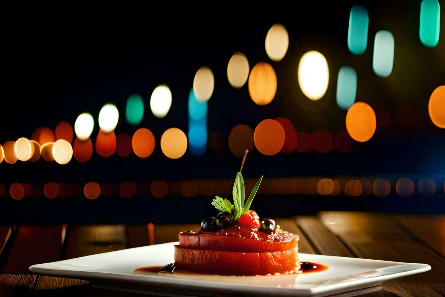 a plate of food sitting on a table in front of a city skyline. AI-Generated photo