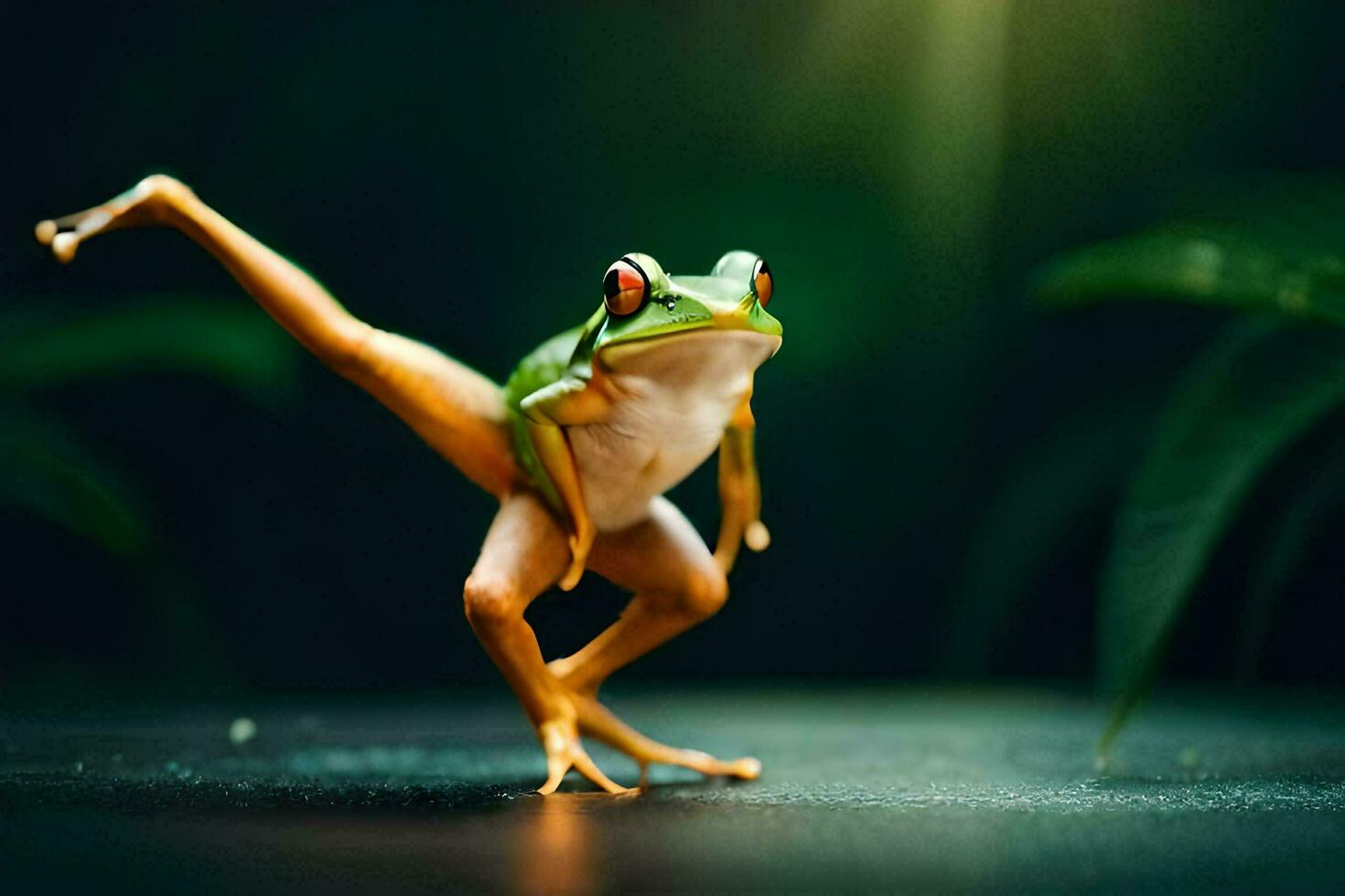 a frog is doing a dance on a dark background. AI-Generated photo