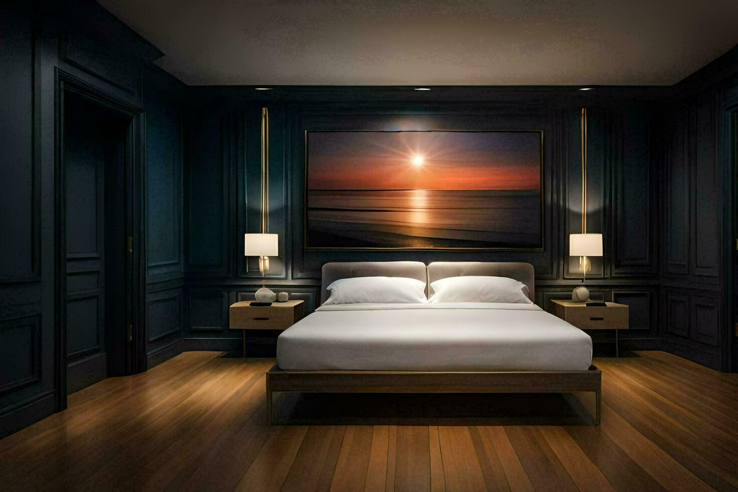 a bedroom with dark wood floors and a large bed. AI-Generated photo