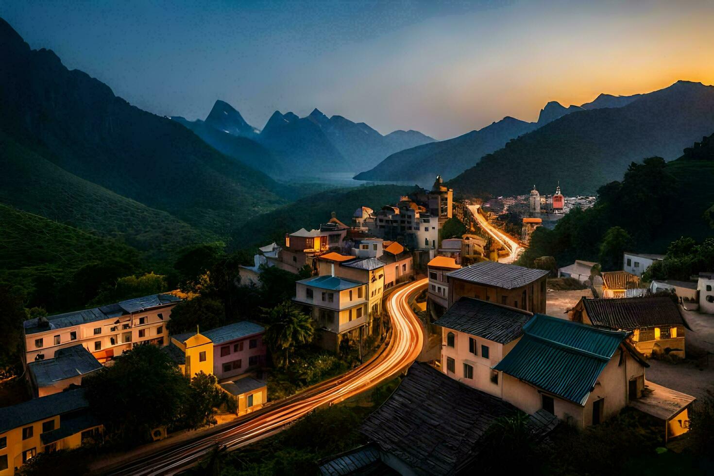 a town in the mountains at dusk. AI-Generated photo