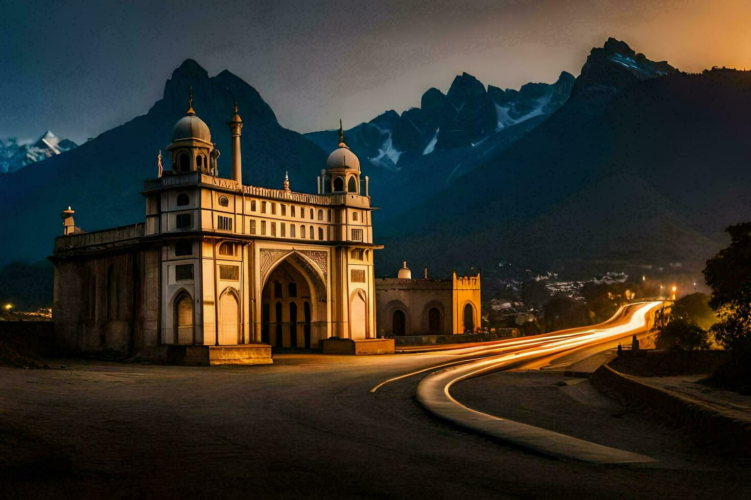 the mosque at dusk in the mountains. AI-Generated photo