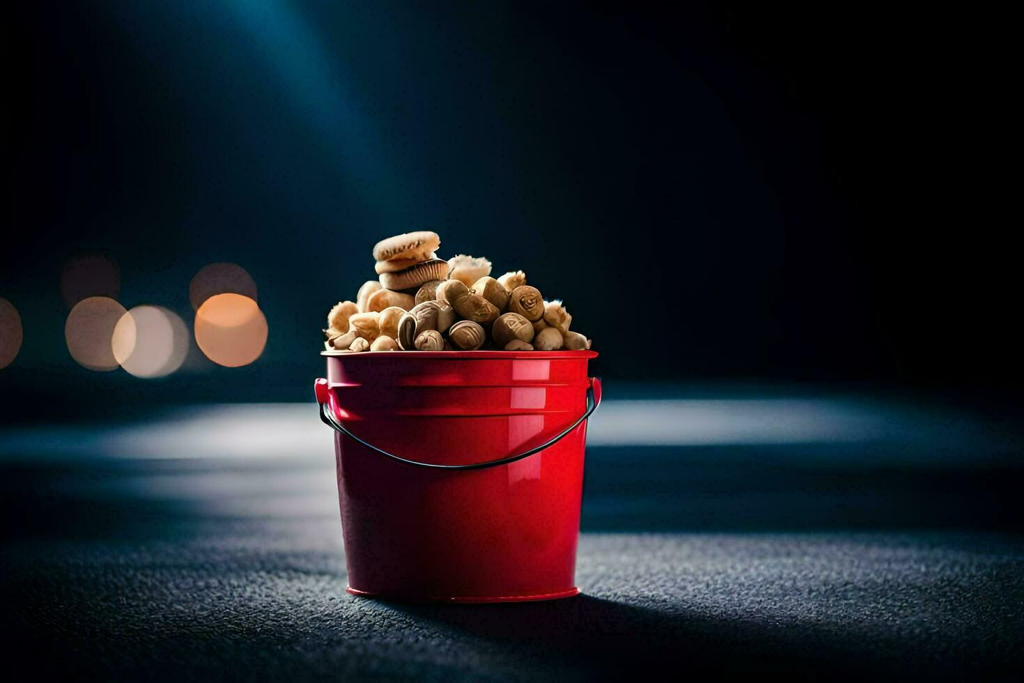 a red bucket filled with peanuts on a dark background. AI-Generated photo