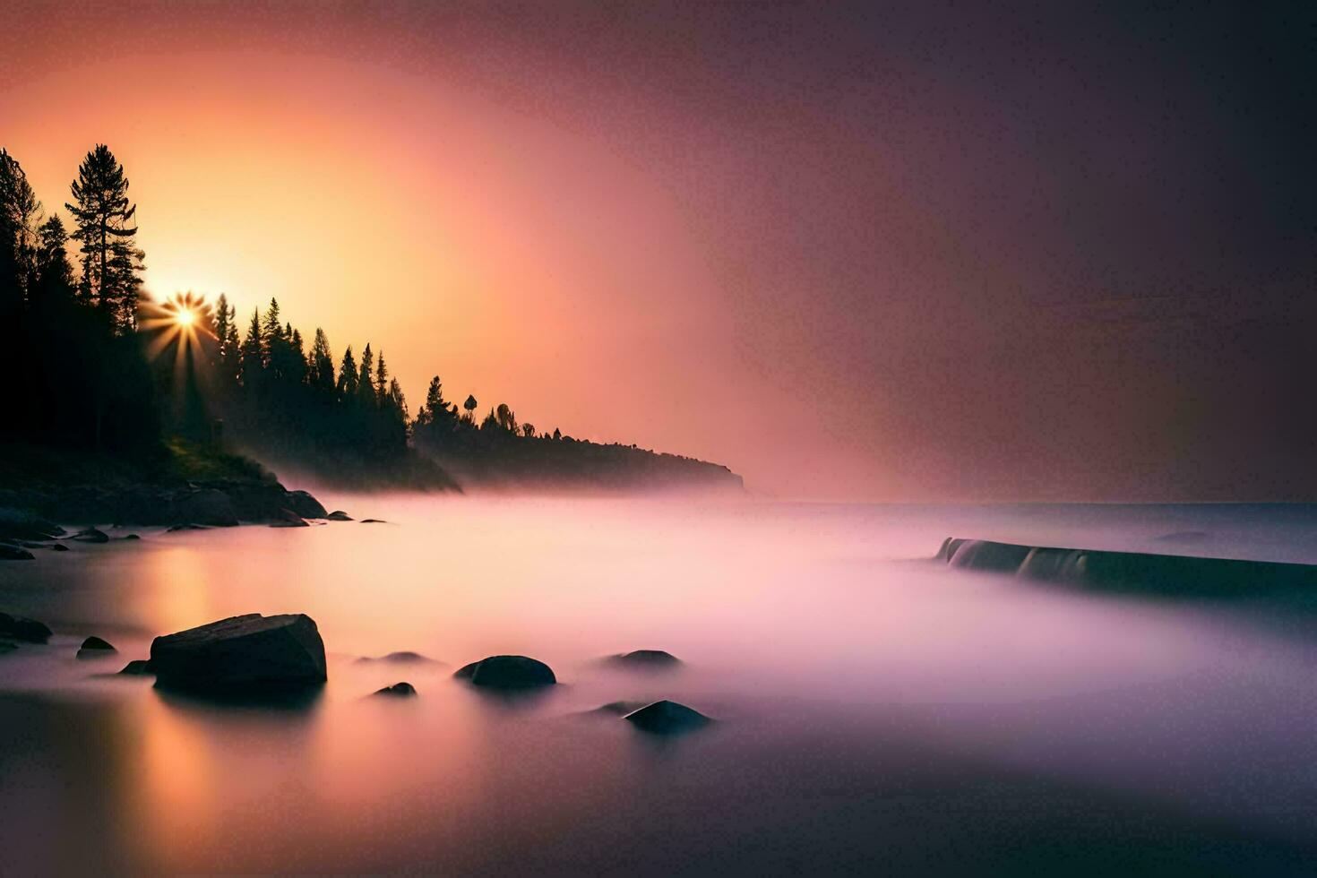 a beautiful sunset over the water with trees and rocks. AI-Generated photo