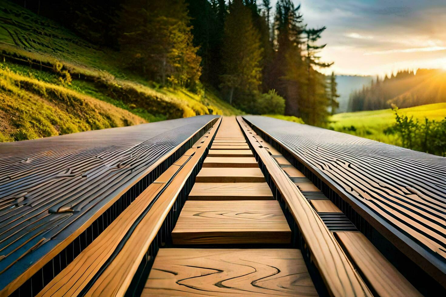 a train track in the middle of a field. AI-Generated photo