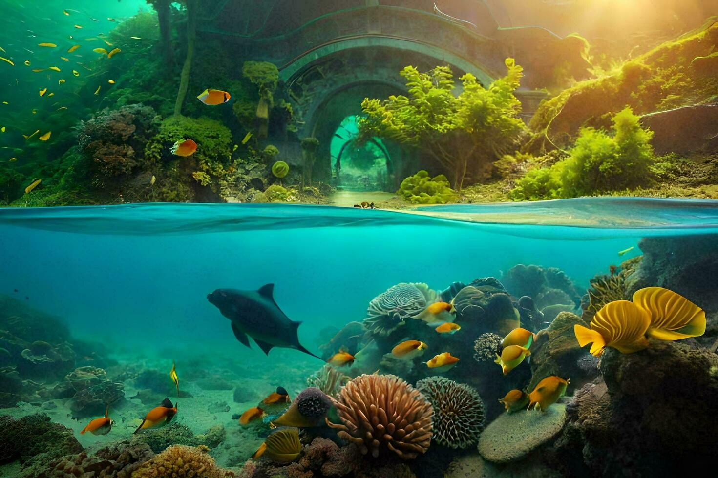 a beautiful underwater scene with coral reefs and fish. AI-Generated photo