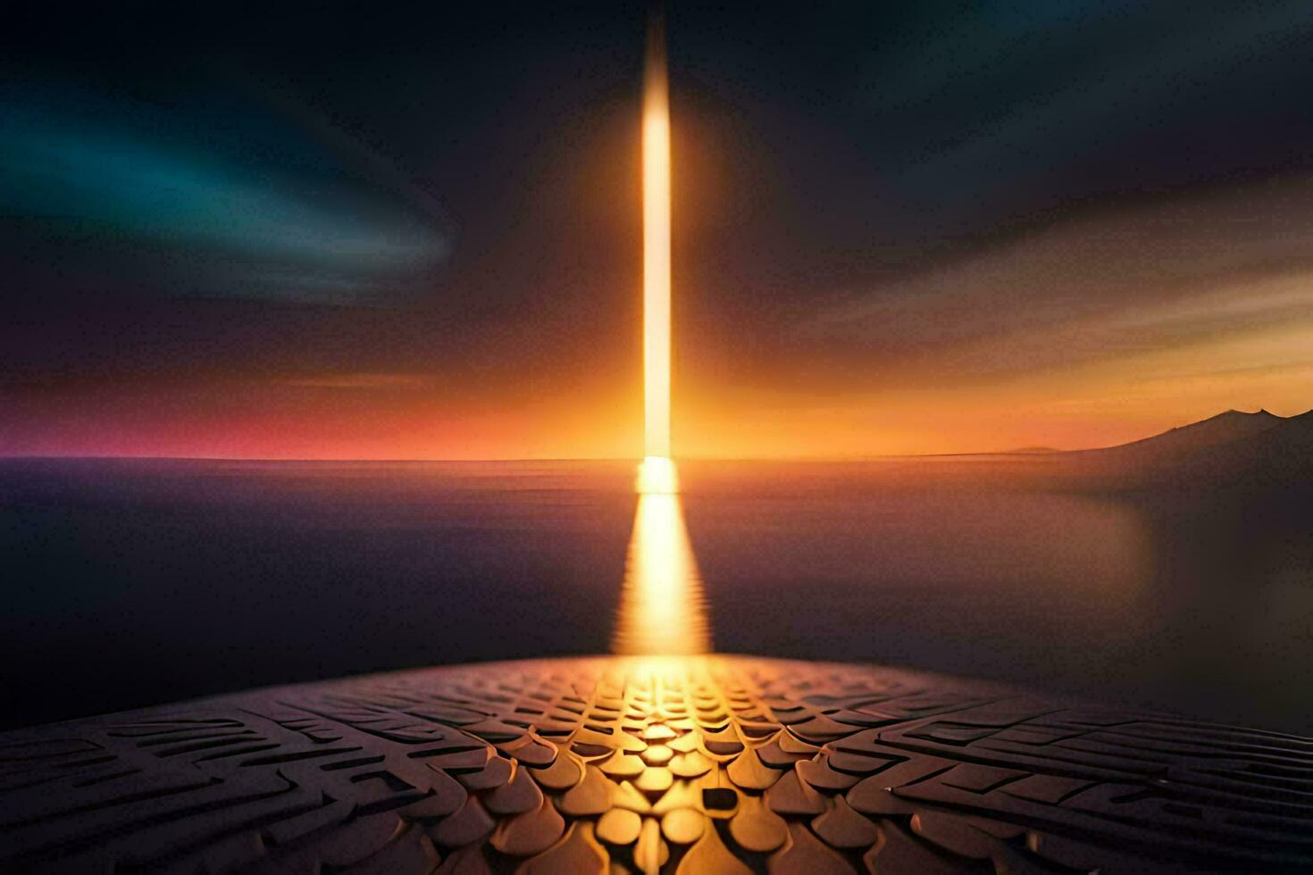 the sun is rising over a mountain and a light is shining. AI-Generated photo