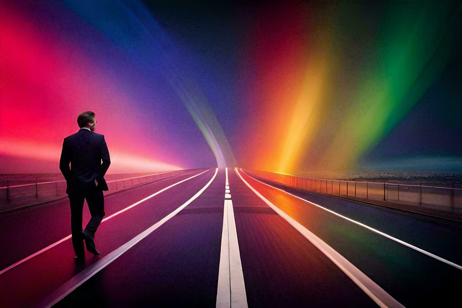 un hombre en un traje en pie en el la carretera con un arco iris ligero. generado por ai foto