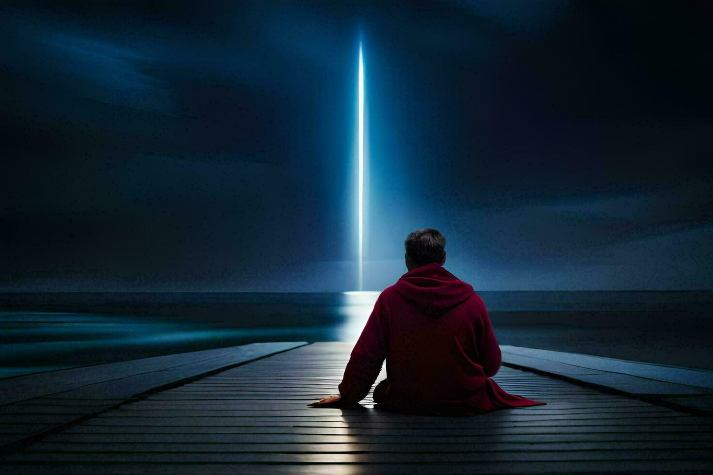 a man sitting on a dock looking at a light beam. AI-Generated photo