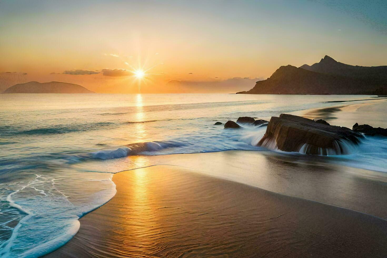 the sun rises over the ocean and waves crash into the shore. AI-Generated photo