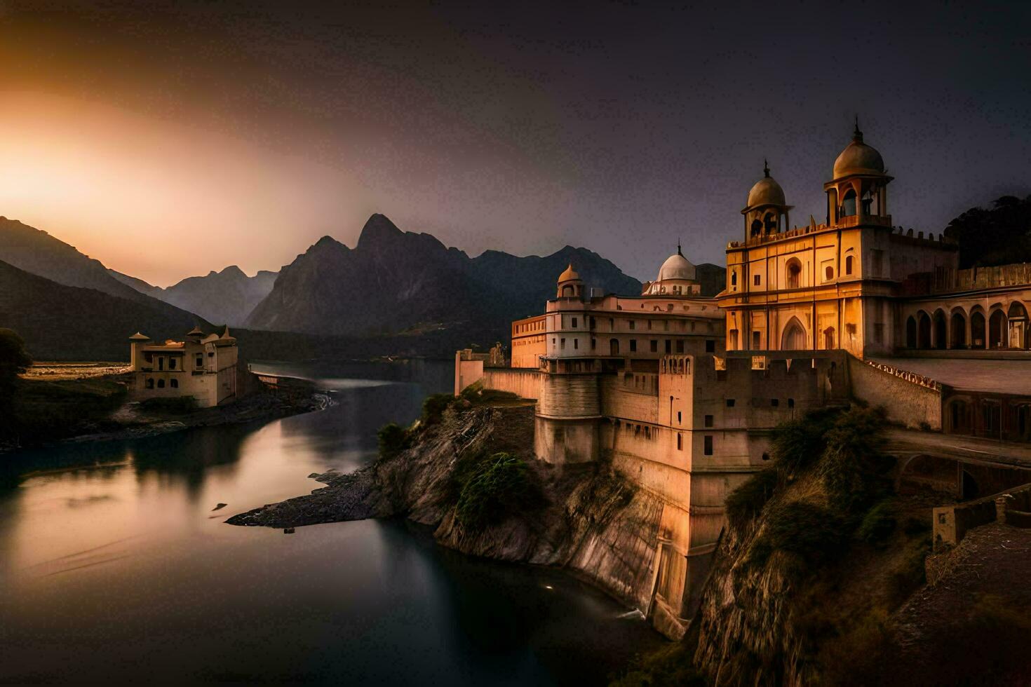 el puesta de sol terminado el lago y castillo en India. generado por ai foto