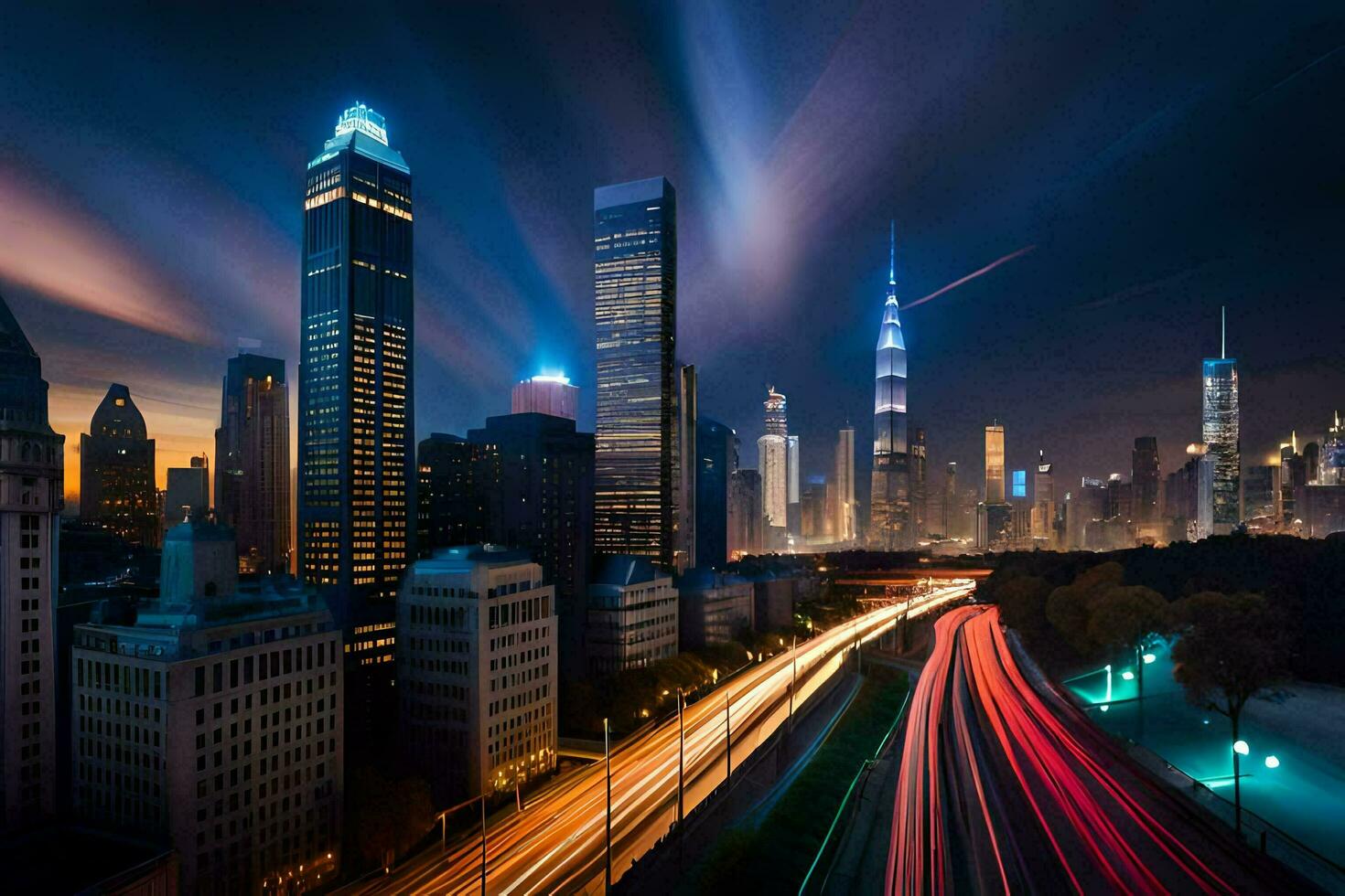 a city skyline at night with lights and traffic. AI-Generated photo