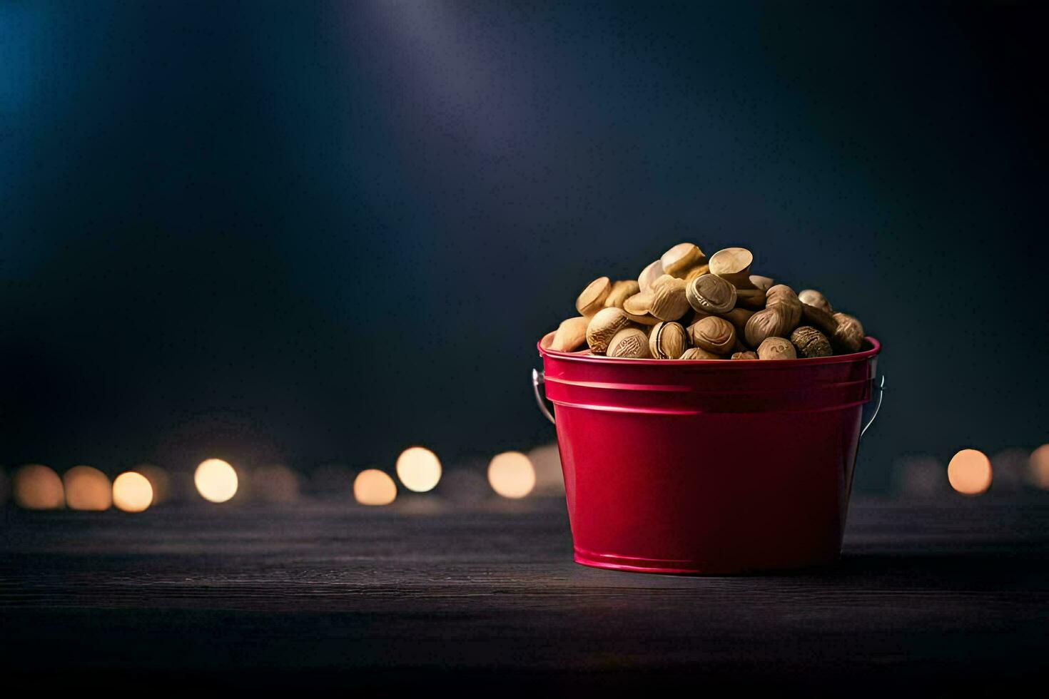 a bucket of peanuts on a table. AI-Generated photo