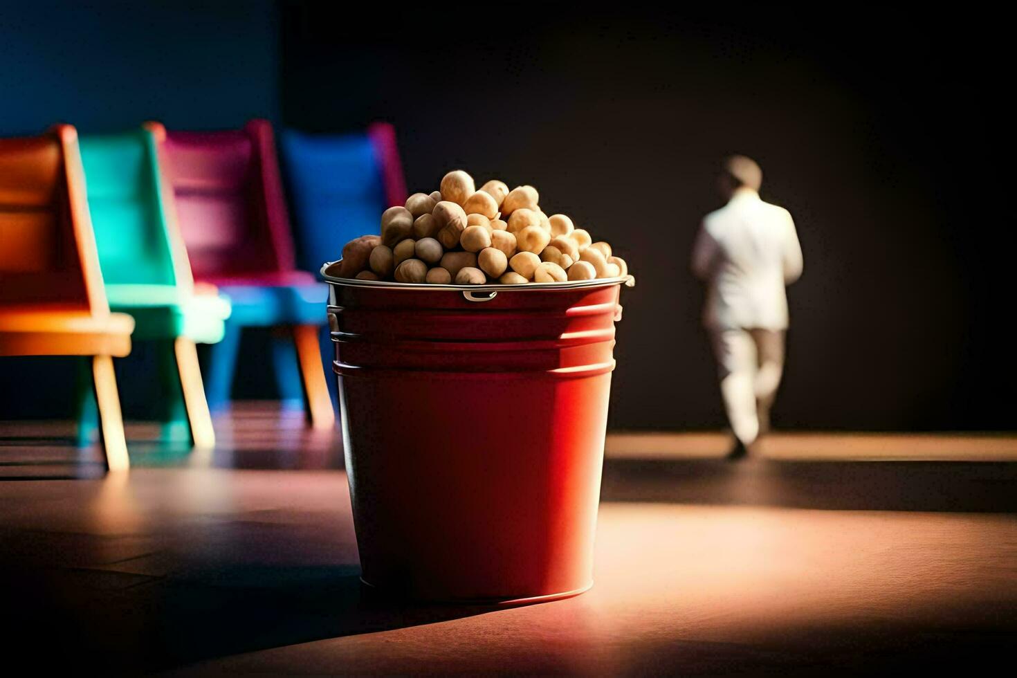 a bucket of peanuts sitting on a table in front of chairs. AI-Generated photo