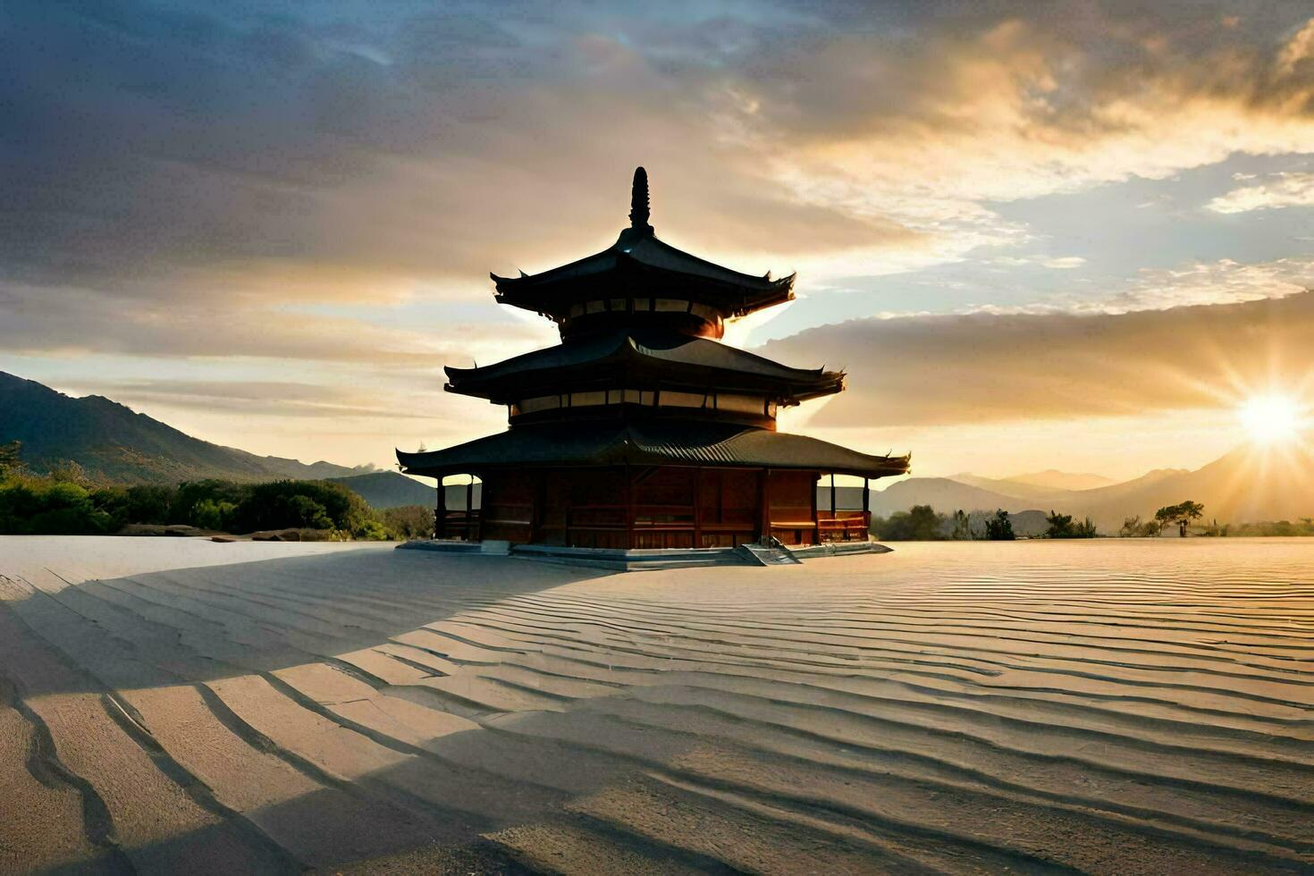 a pagoda sits in the middle of a desert. AI-Generated photo