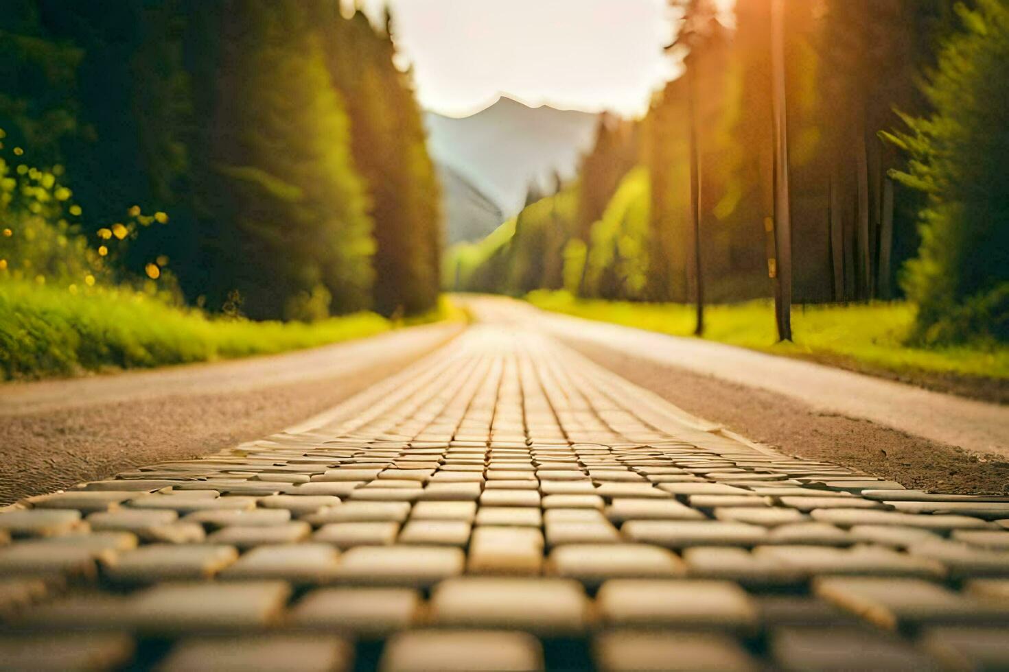 a road with cobblestones in the middle of a forest. AI-Generated photo