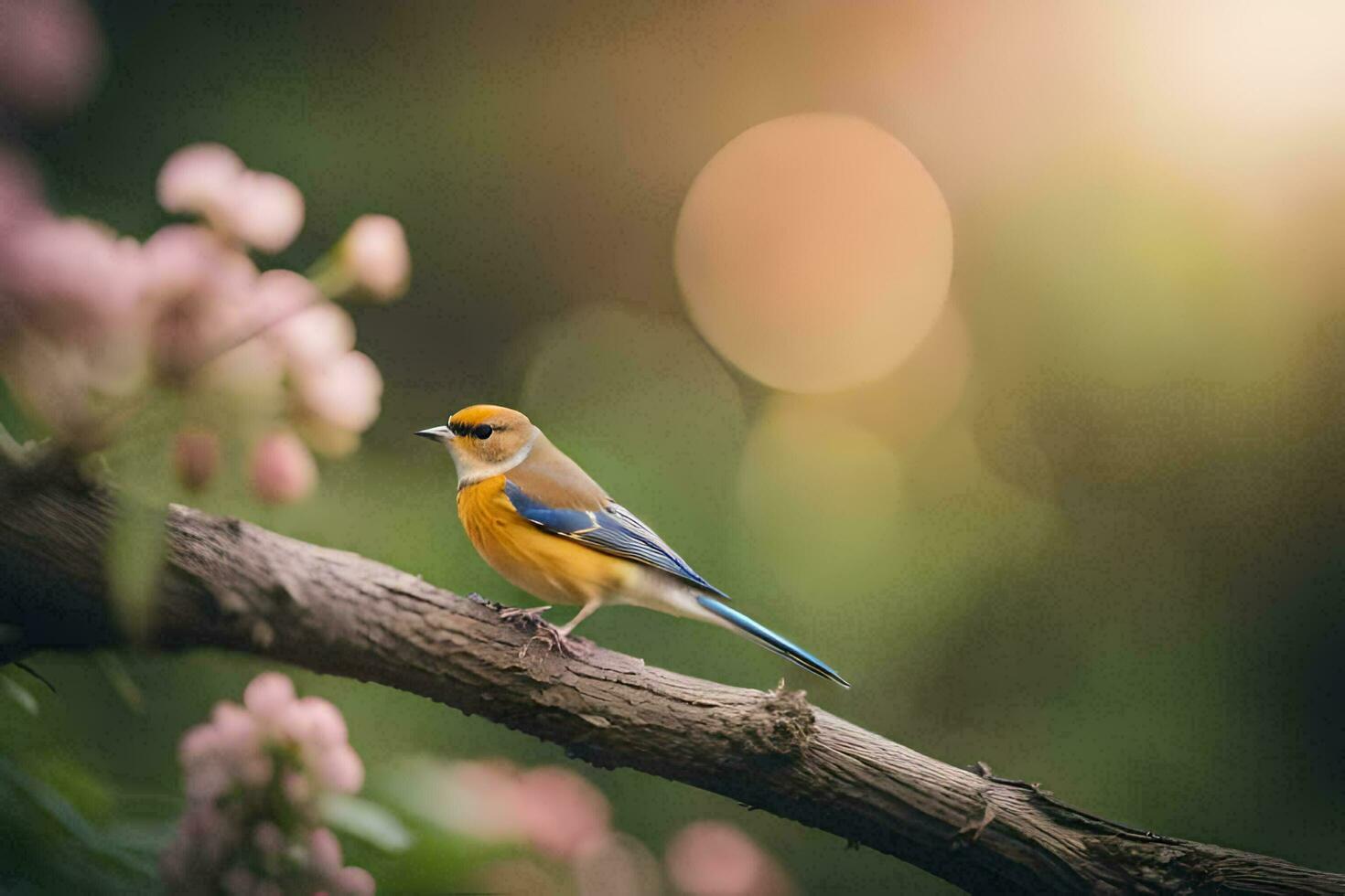 a bird sits on a branch with pink flowers. AI-Generated photo