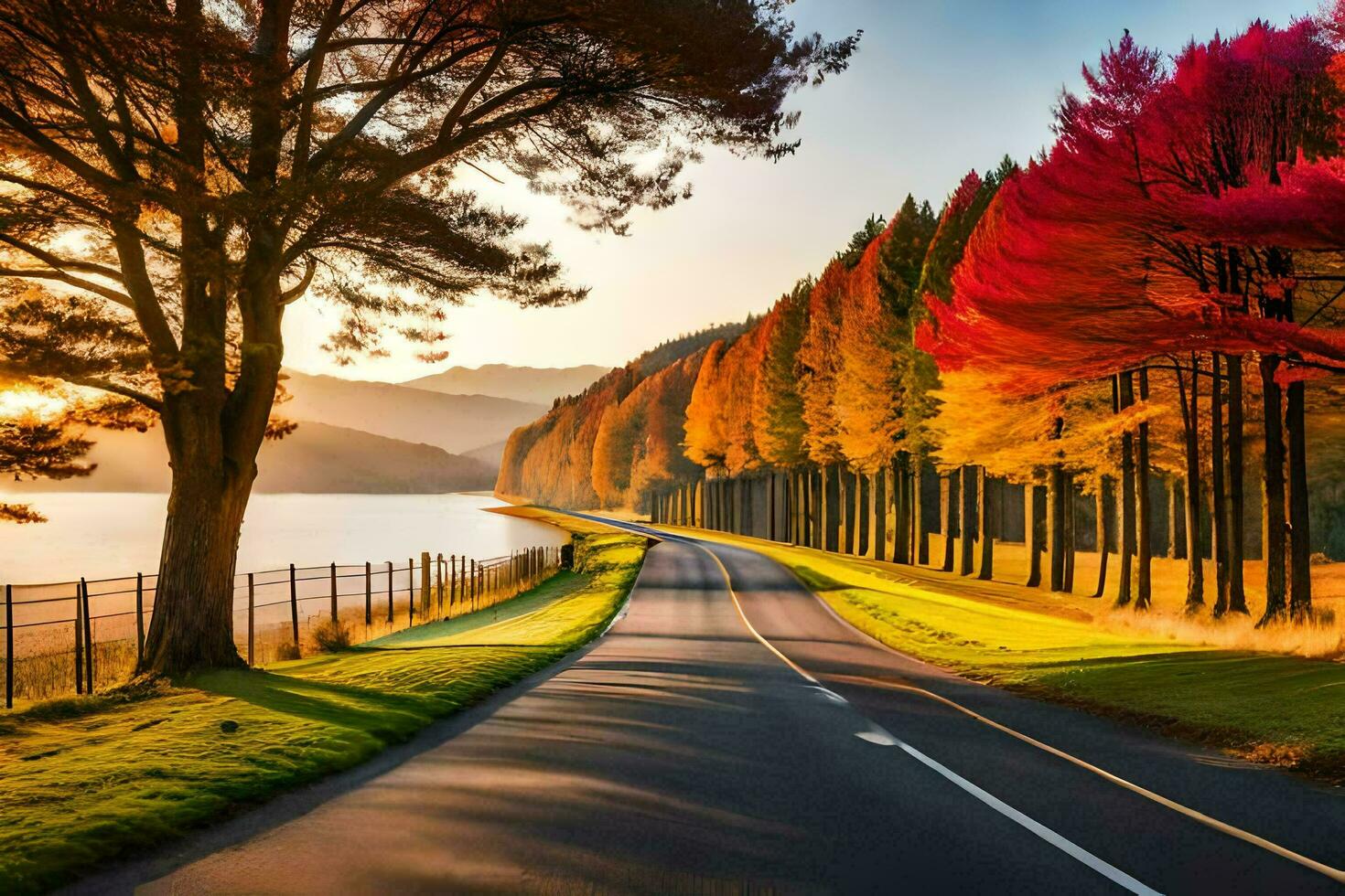 a road lined with trees in the fall. AI-Generated photo