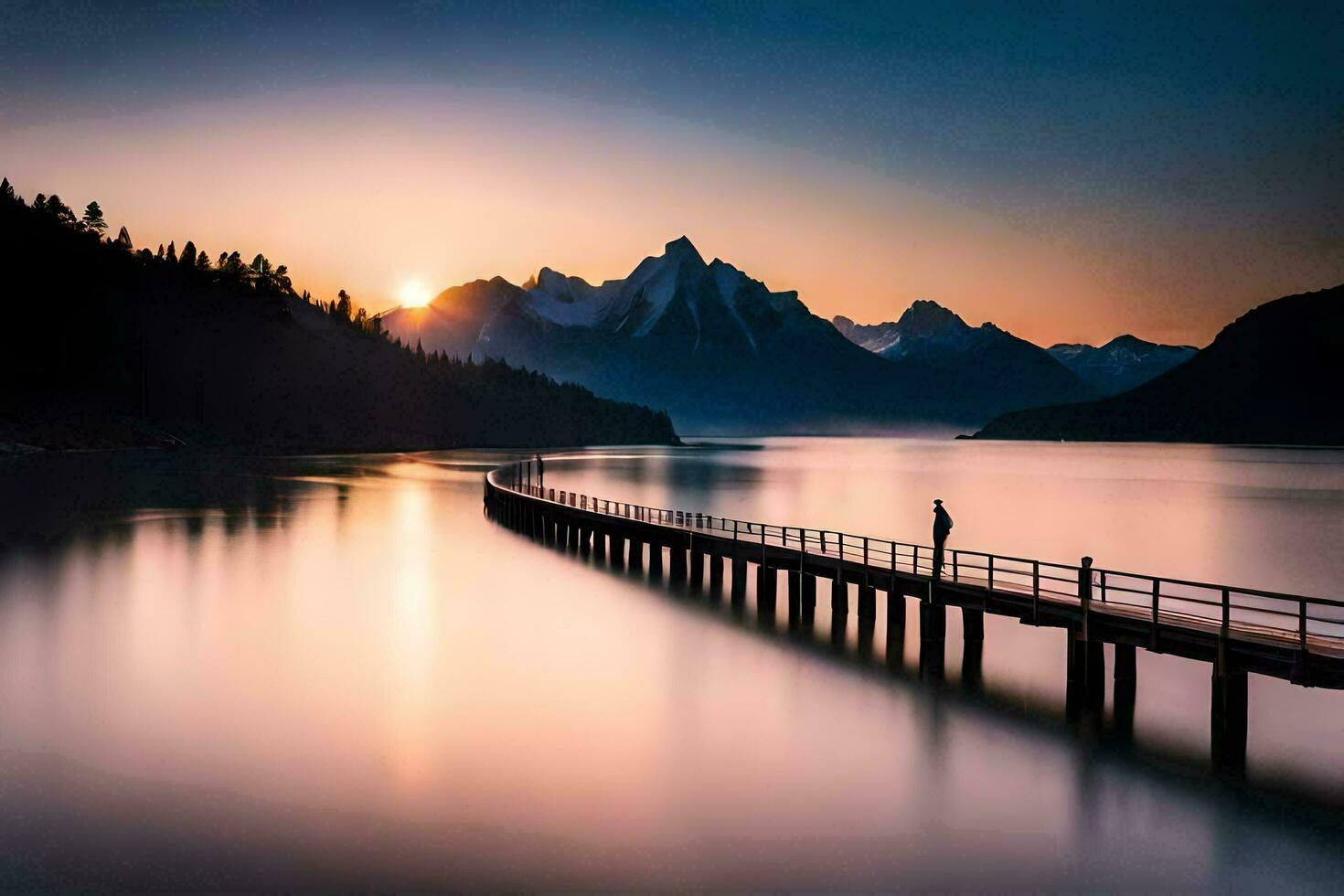 a man stands on a pier overlooking a lake and mountains. AI-Generated photo