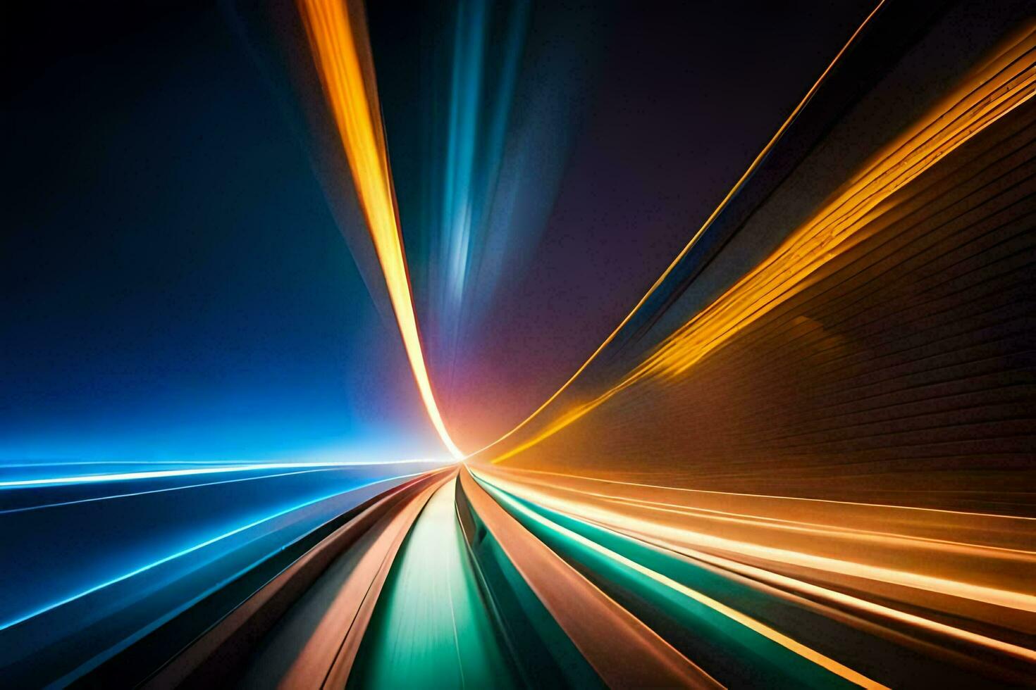 a long exposure photograph of a train speeding through the night. AI-Generated photo