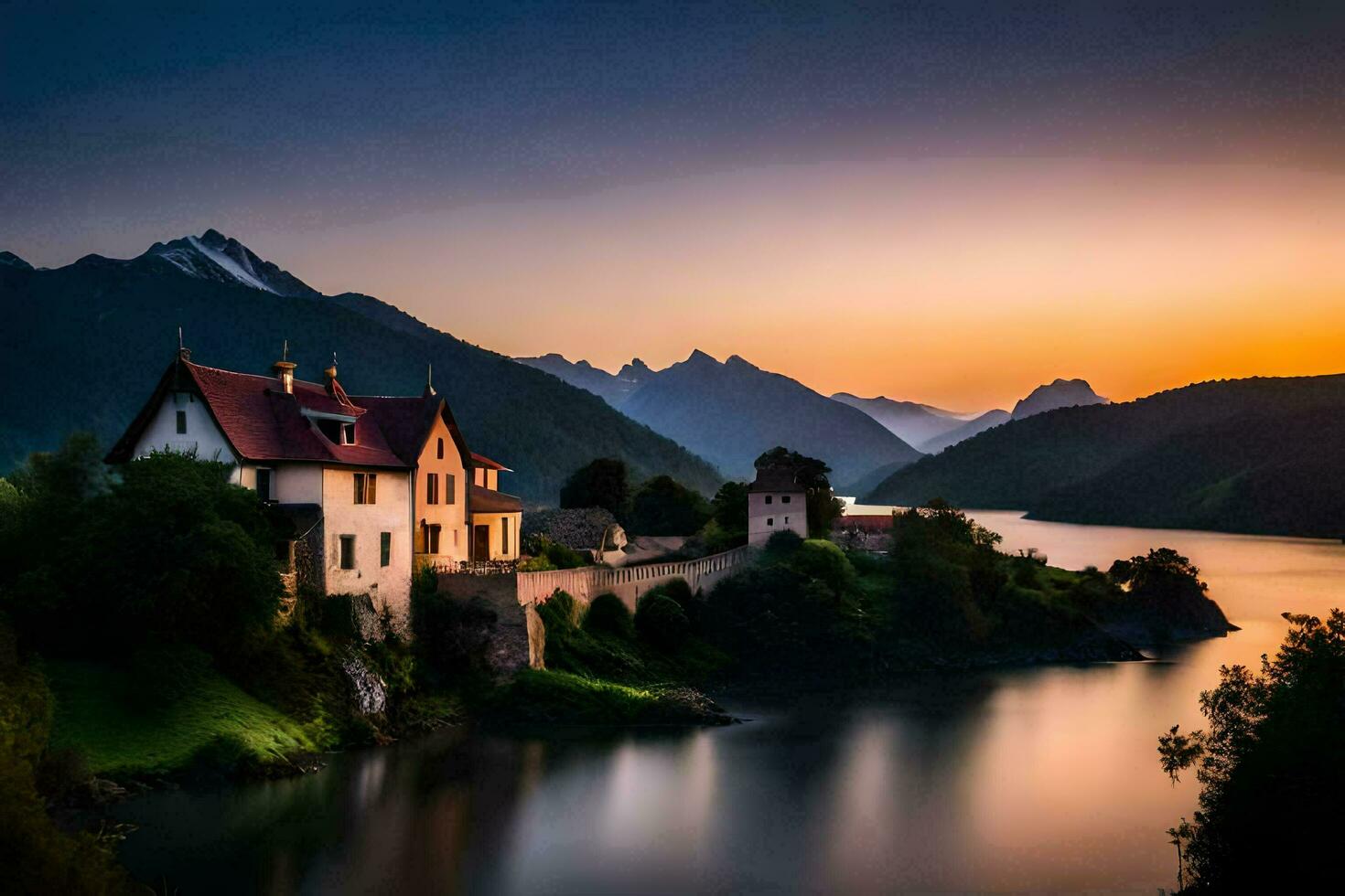 a castle sits on the edge of a lake at sunset. AI-Generated photo