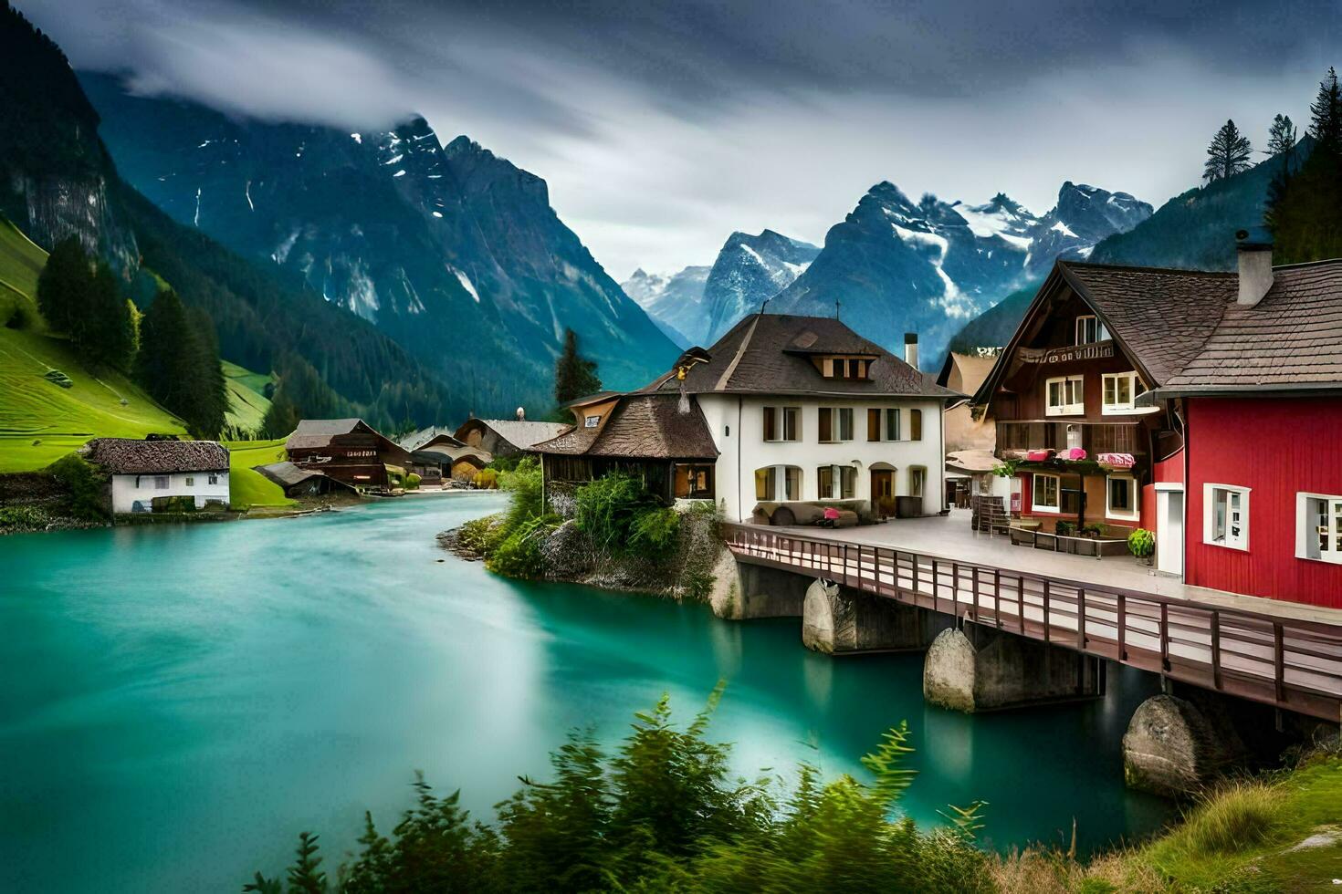 a beautiful mountain village with a river and a bridge. AI-Generated photo